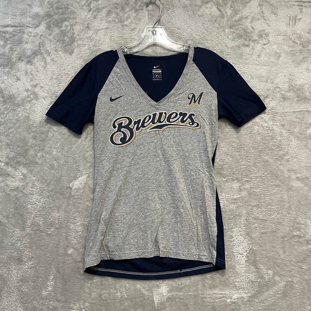 Nike T-Shirt Women M Gray Navy Milwaukee Brewers MLB V-Neck Raglan Tee 2399 - Picture 1 of 6